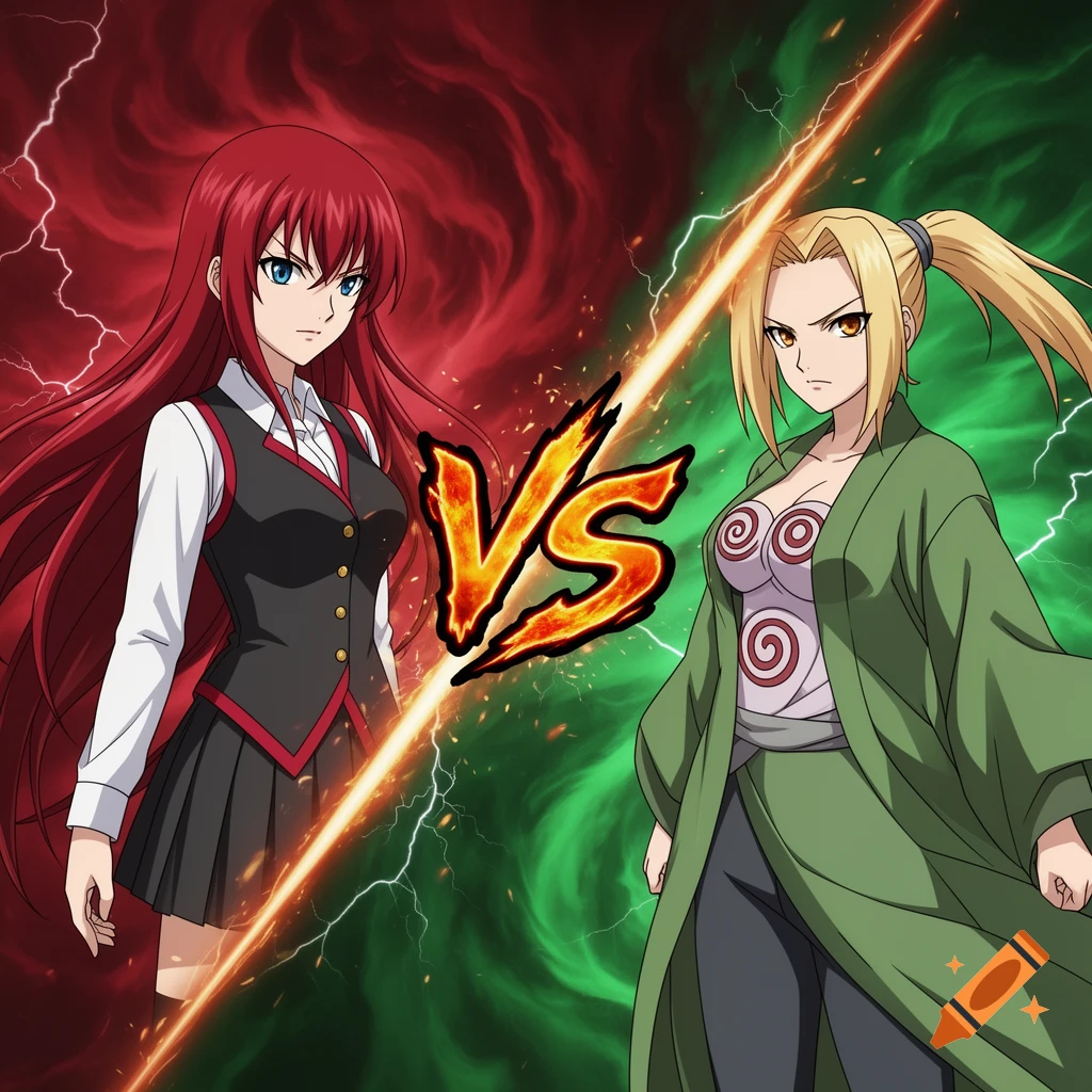 Anime-style illustration of Rias Gremory on a red lightning background facing Tsunade on a green lightning background, with a fiery 'VS' in the center.
