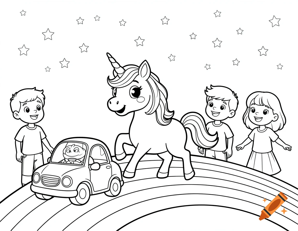 Coloring page showing a unicorn, three children, and a car on a rainbow road under stars.
