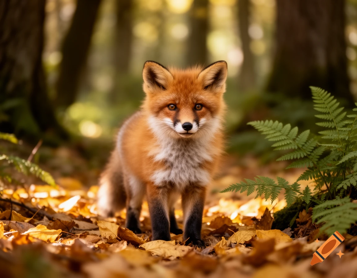 A fluffy red fox with a white chest stands in a sunlit autumn forest, surrounded by orange leaves and green ferns.