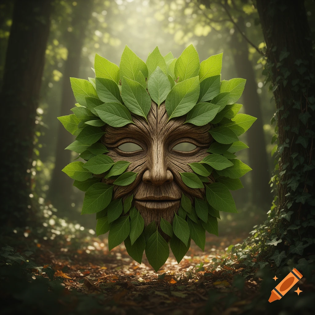 Photorealistic Green Man mask, crafted from wood and fresh green leaves, floating in a sunlit forest.
