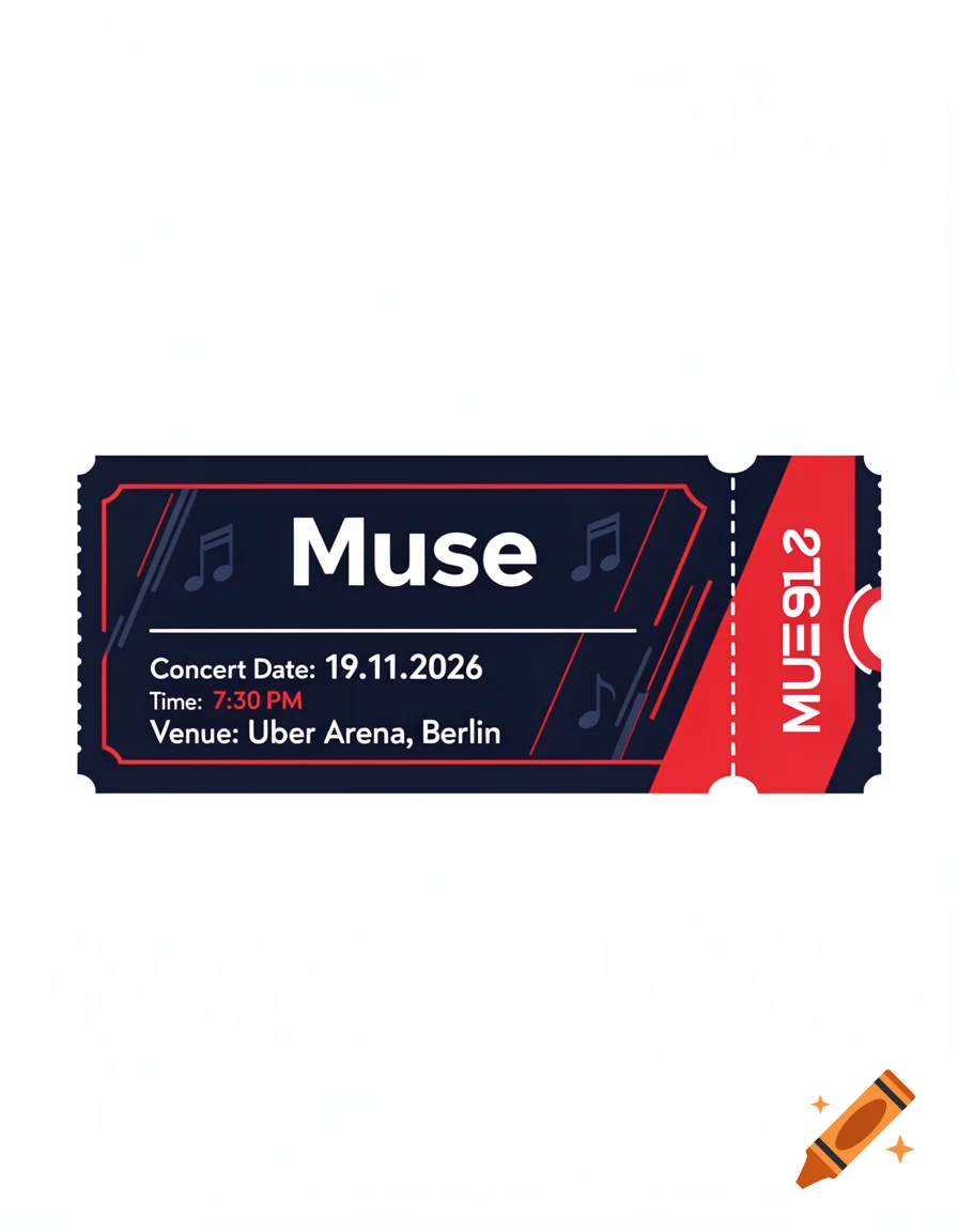 A dark blue and red concert ticket for Muse, dated 19.11.2026 at 7:30 PM, Uber Arena, Berlin, with musical note graphics.