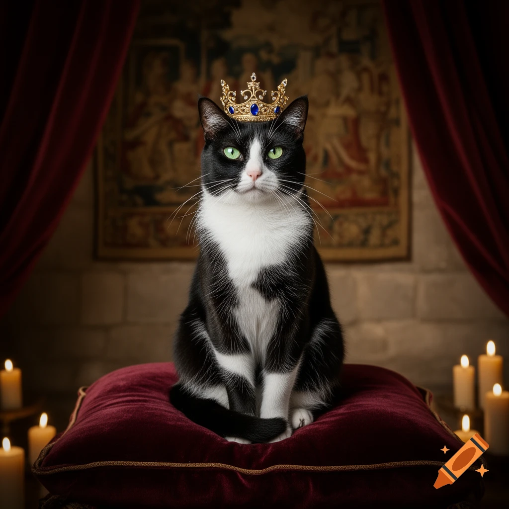 A regal black and white tuxedo cat with a gold crown sits on a red velvet cushion in a dimly lit royal chamber.