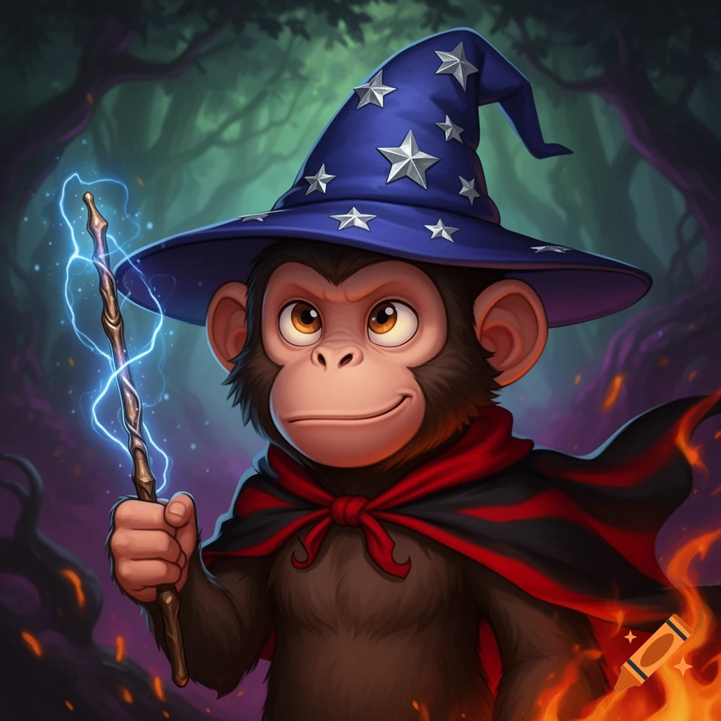A cartoon monkey wizard wearing a blue star-studded hat and a red cape, holding a glowing wand in a dark fantasy forest with fire.