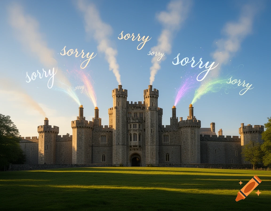 A photorealistic view of a grand stone castle with turrets emitting smoke and colorful trails, each displaying the word 'sorry'.