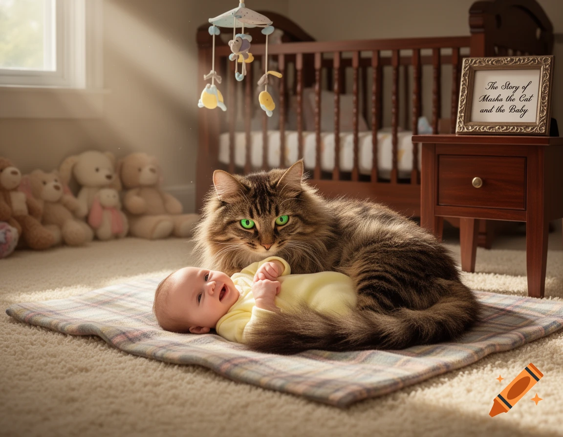 A photorealistic image of a baby lying on a blanket next to a fluffy cat with bright green eyes in a sunlit nursery.