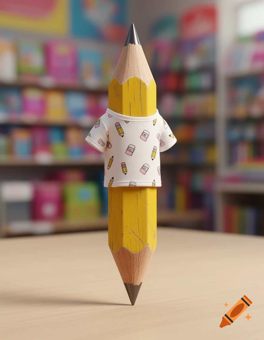 A 3D rendered anthropomorphic pencil wearing a white t-shirt with small pencil and eraser patterns, standing in a blurred library.