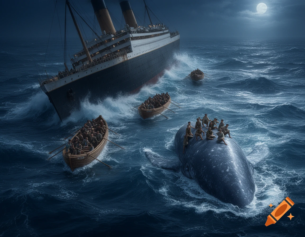 Photorealistic image of the Titanic sinking at night, surrounded by overcrowded lifeboats and a large whale carrying survivors.