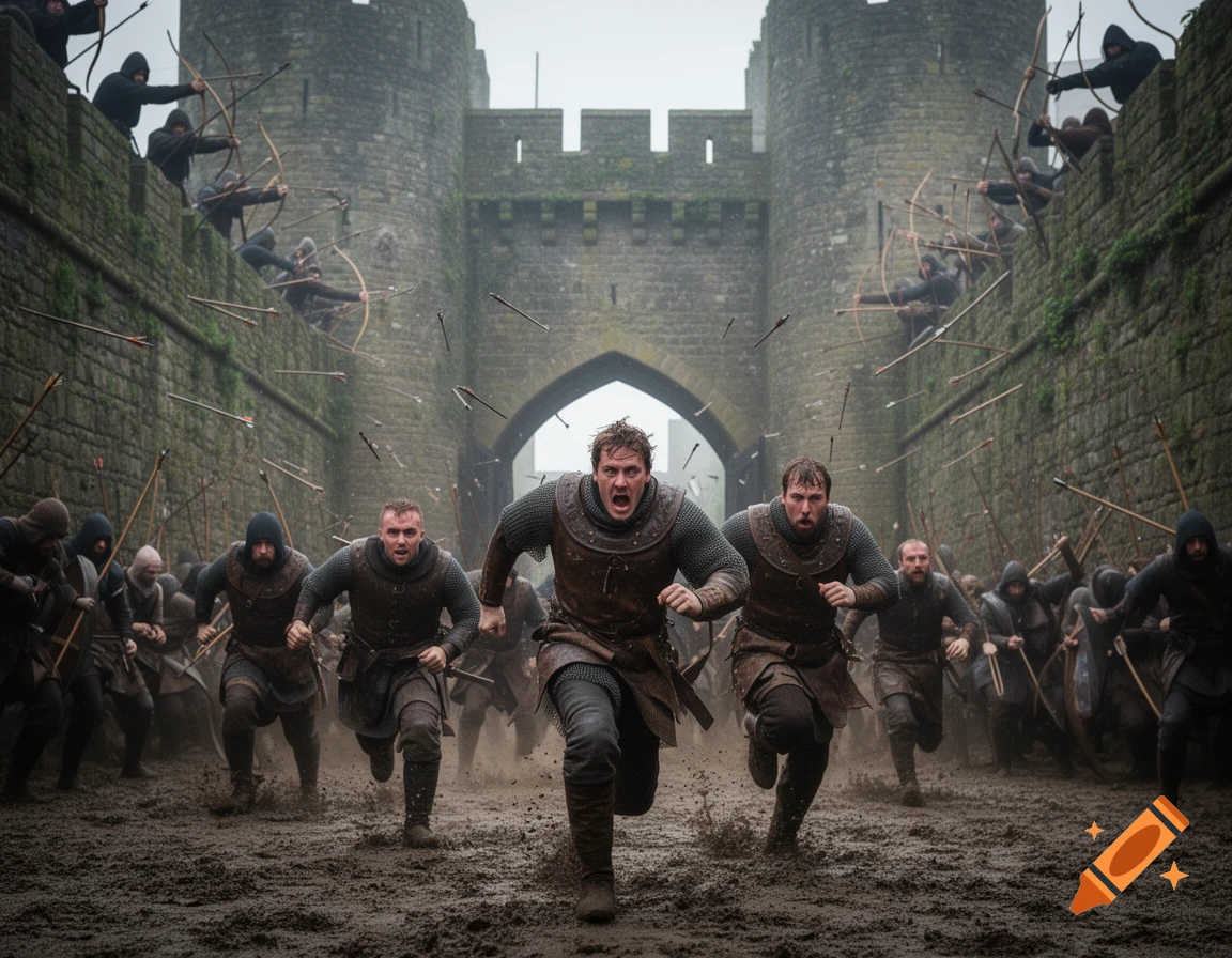 Photorealistic image of medieval warriors charging through mud towards a castle under arrow fire from archers on the walls.