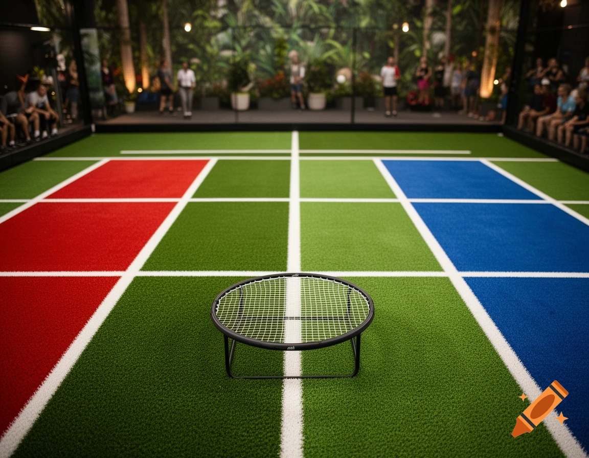 A roundnet field with green turf, red and blue sections, and white lines, with a roundnet net in the center. Spectators are in the blurred background.