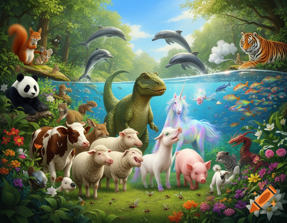 A vibrant fantasy world filled with diverse animals including a T-Rex, unicorn, pandas, dolphins, sheep, a cow, a tiger, and fish in a lush forest with a lake.