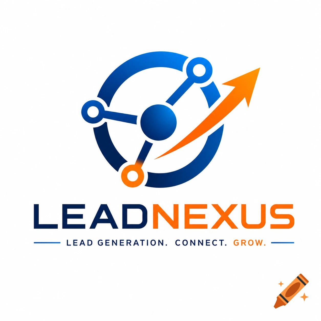 A blue and orange logo featuring a circular network of nodes, an upward-pointing arrow, and the text 'LEADNEXUS' above a slogan.