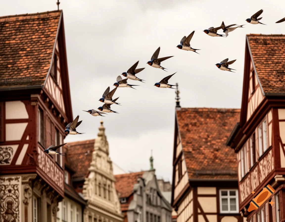 Photorealistic swallows fly between red-roofed, half-timbered 19th-century German buildings under a cloudy sky.