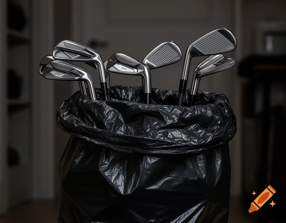 Several silver golf clubs with black shafts are arranged inside a black trash bag against a blurred background.