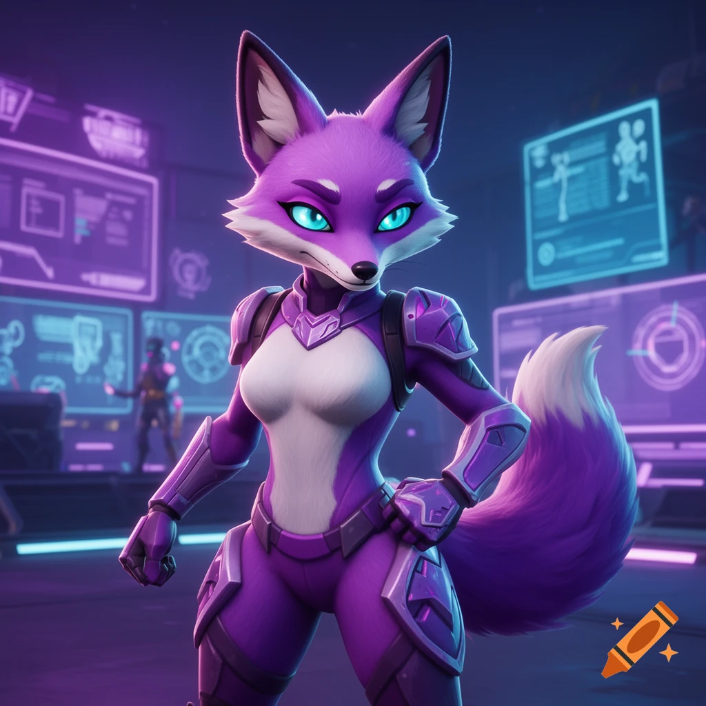 A purple anthropomorphic fox in futuristic armor with cyan eyes stands in a neon-lit sci-fi lab.