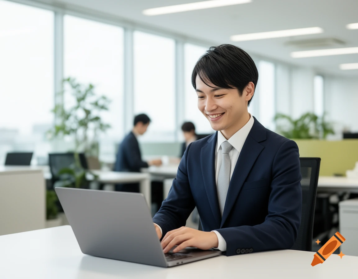 A smiling Japanese man in a suit works on a laptop at a desk in a modern office.