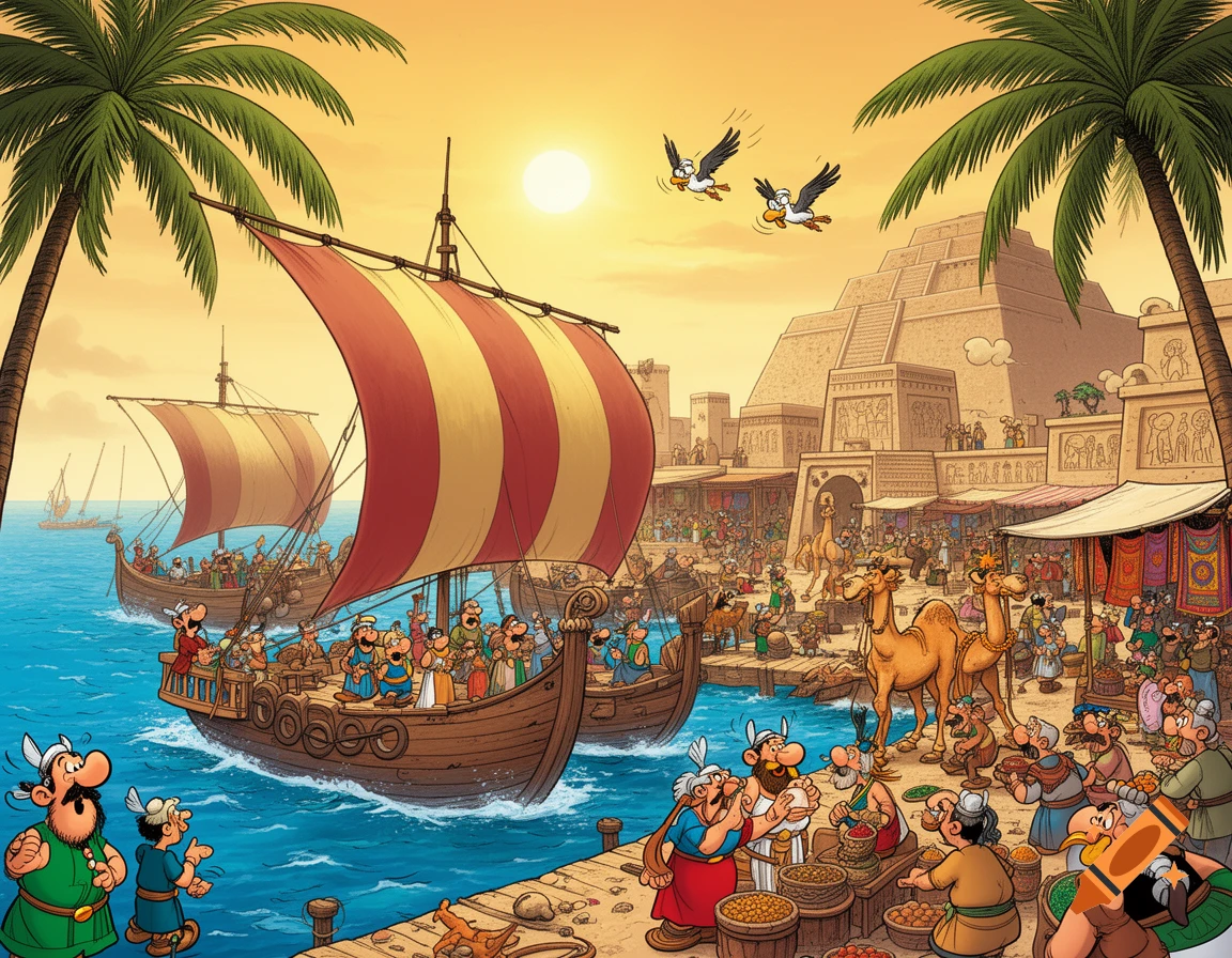 A bustling ancient port scene in Asterix style, featuring boats, market stalls, many people, camels, and a large pyramid at sunset.