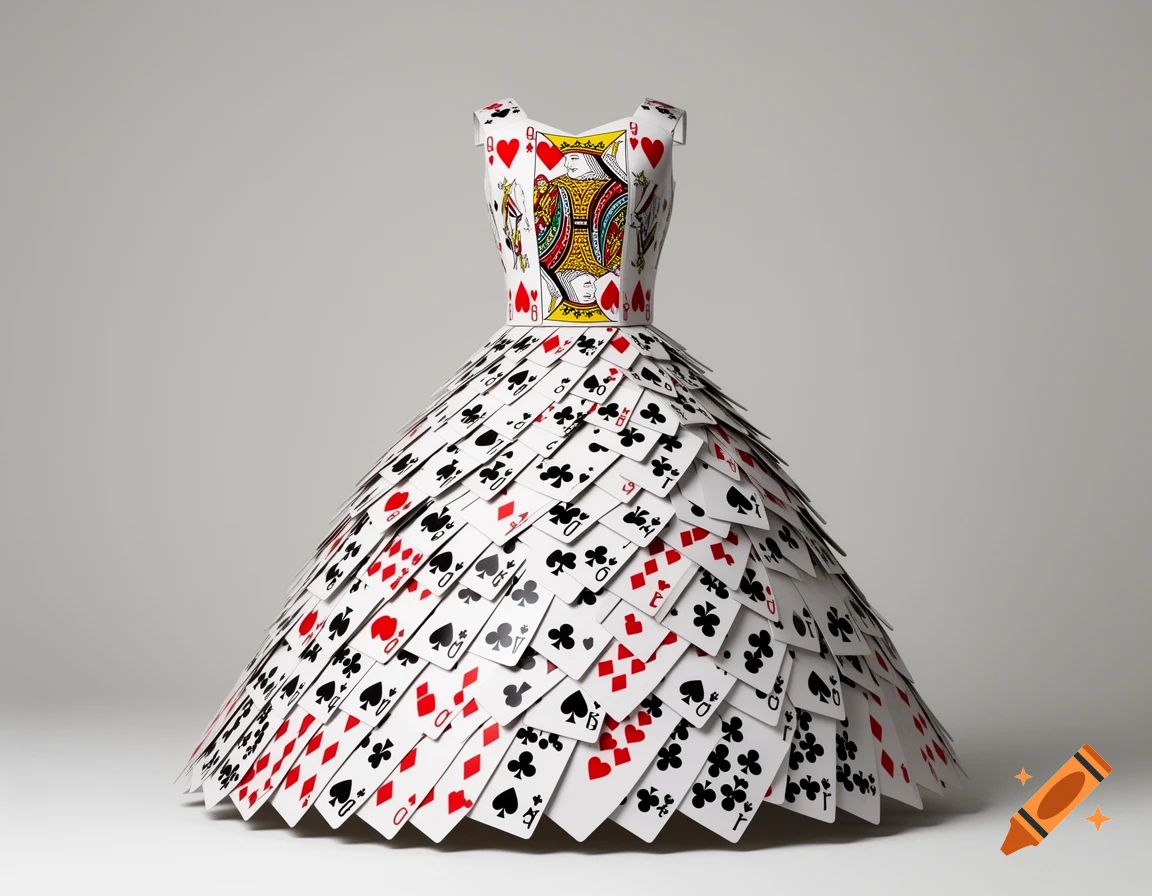 A voluminous formal dress made entirely of playing cards, with a Queen of Hearts on the bodice, against a gray background.