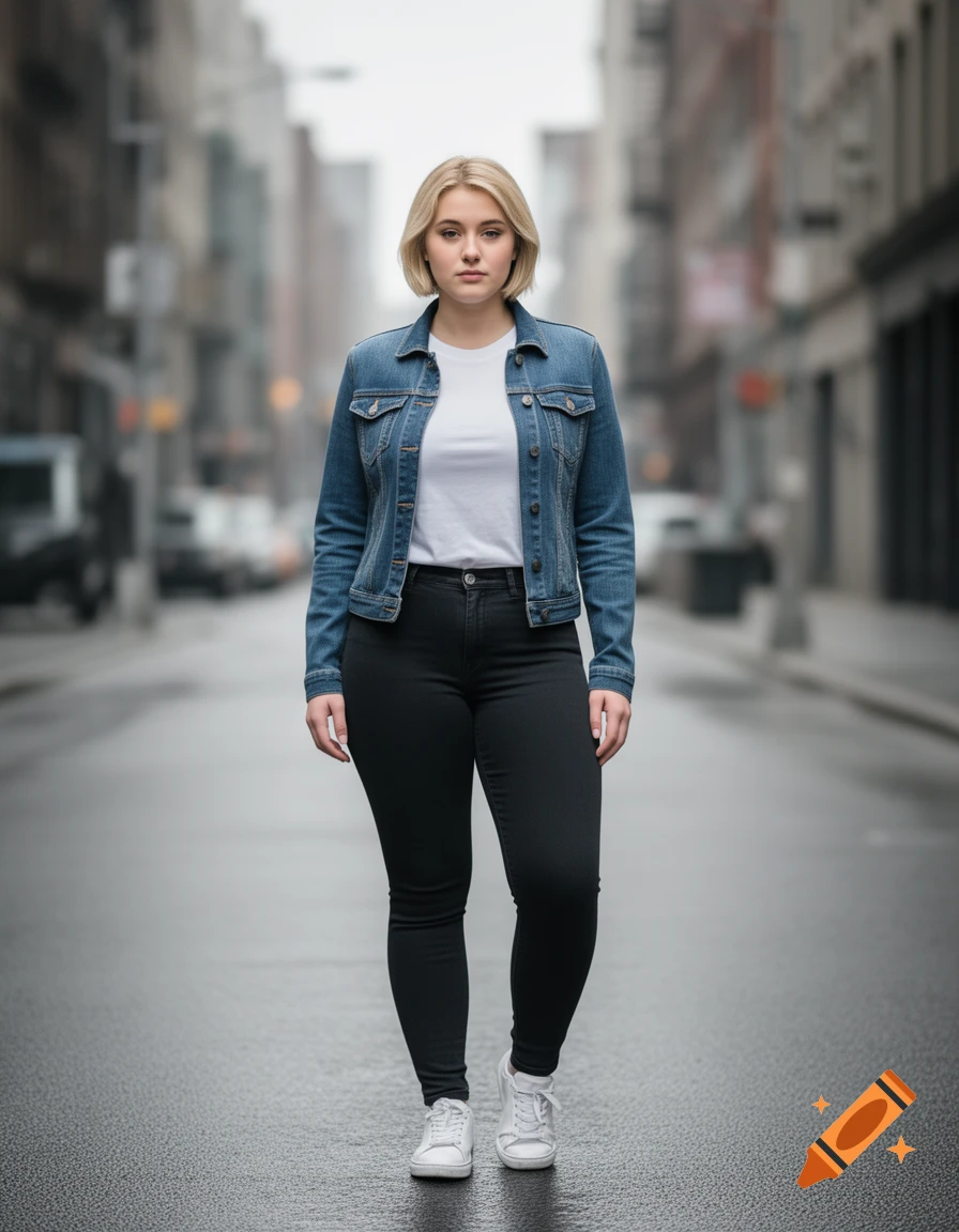 A blonde woman in a denim jacket, white t-shirt, and black jeans stands on a city street.