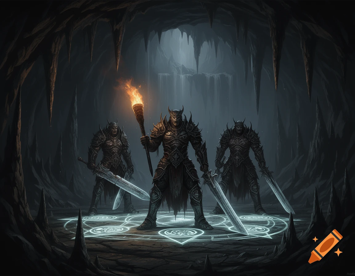 Three armored warriors stand in a dark, magical cave with glowing runes, one holding a torch, others with swords.