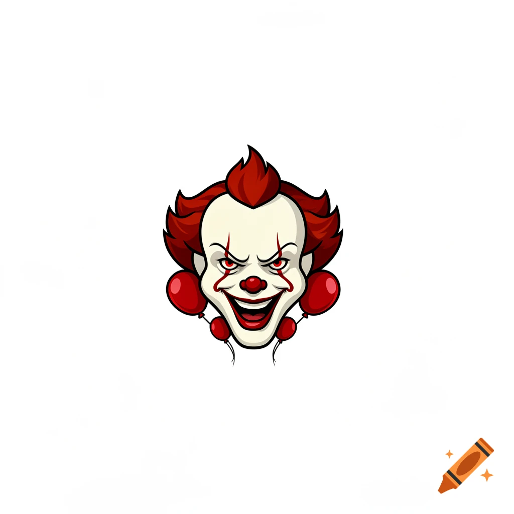 Cartoon head of Pennywise the scary clown with red hair, white face, red nose, an evil smile, and red balloons.