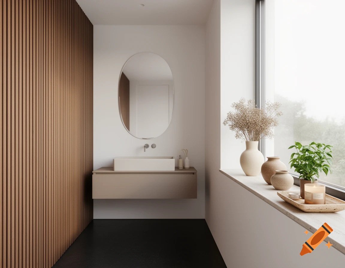 A modern organic bathroom with wooden slat wall, white walls, dark floor, and an oval mirror over a floating sink. A window sill is decorated with dried flowers, ceramic vases, a green plant, and a scented candle.