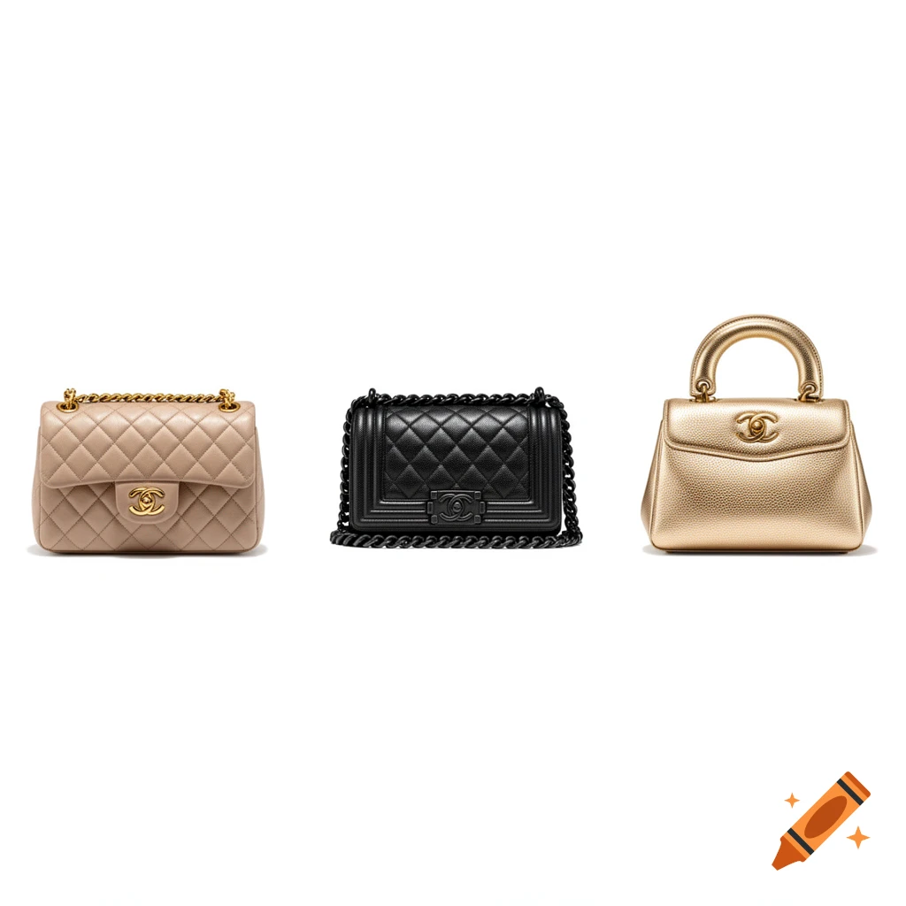Three luxury Chanel handbags: a beige quilted, a black quilted, and a gold top-handle bag on a white background.