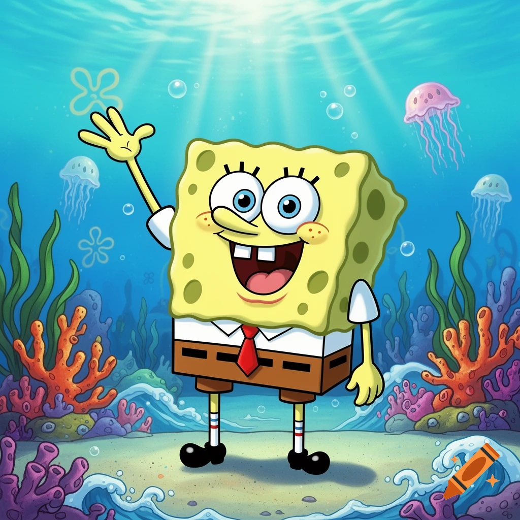 Spongebob Squarepants smiles and waves underwater, surrounded by coral, seaweed, and jellyfish.