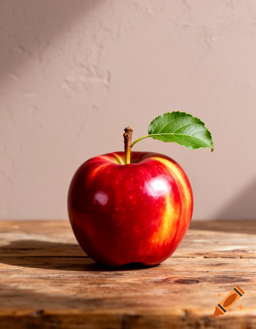 A vibrant red and yellow striped apple with a green leaf and stem rests on a rustic wooden table against a light brown wall.