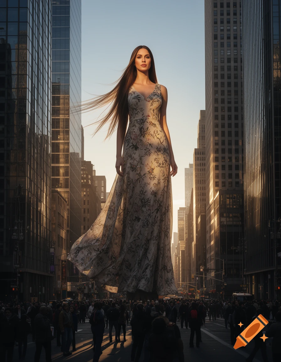 A colossal woman in a floral dress stands in a city street, towering over skyscrapers and a crowd of people.