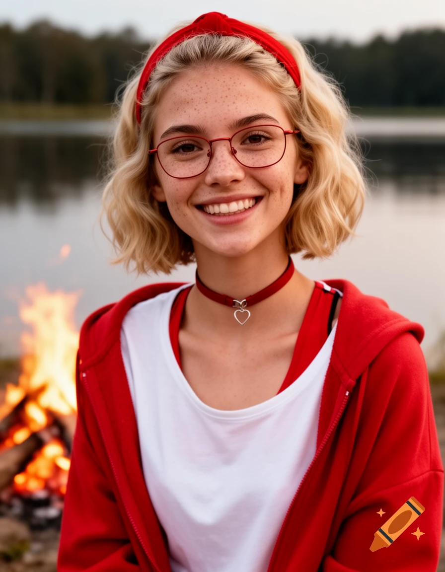 A smiling young woman with blonde bob hair, red headband, red glasses, and a heart choker by a campfire and lake, photorealistic.
