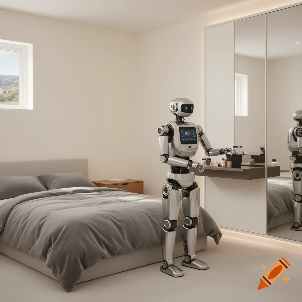 A photorealistic silver robot stands in a modern, light-filled bedroom, holding items on a vanity next to a bed.