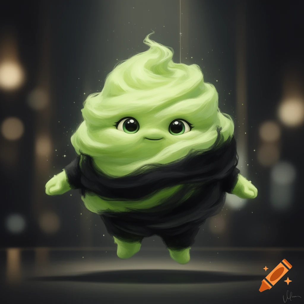 A cute, fluffy lime green cotton candy-like character with big eyes, a small smile, and black clothing, floating in a dark setting.