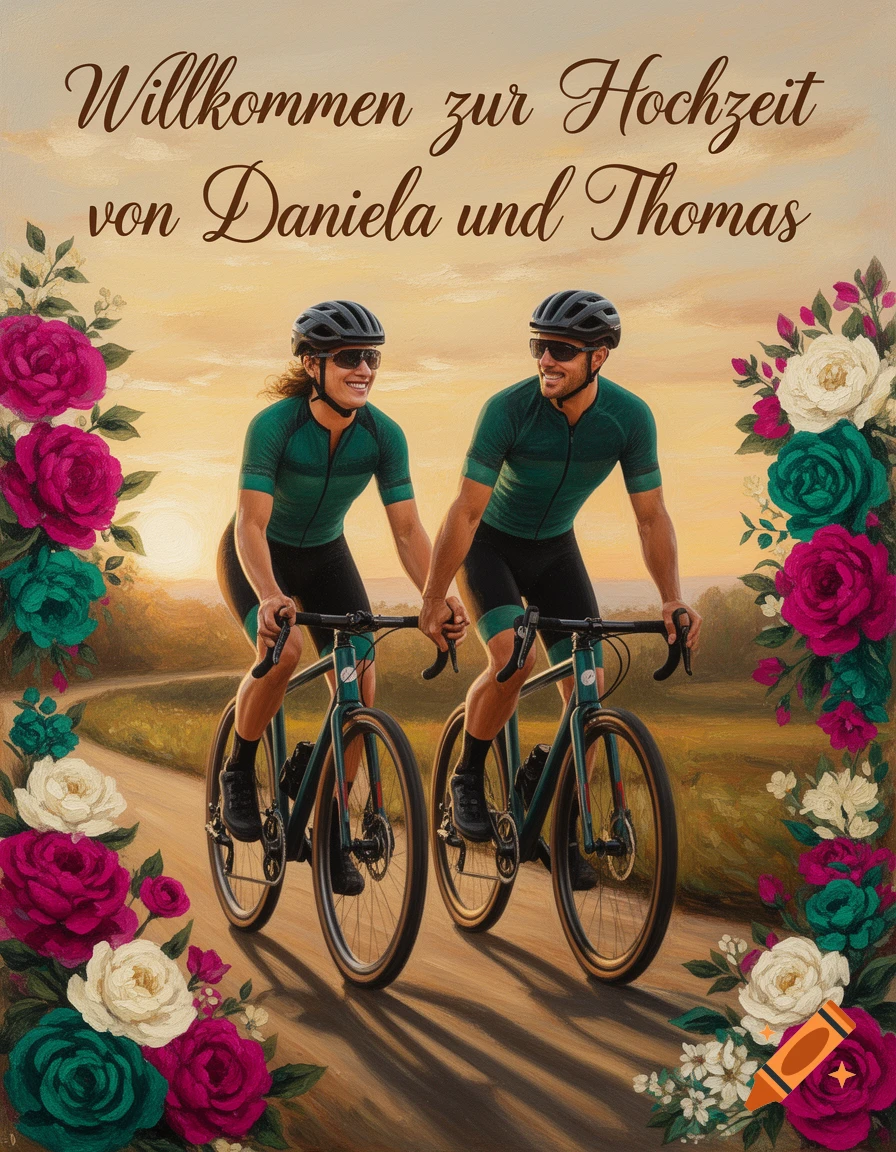 A painted image of a smiling couple on gravel bikes, holding hands, on a scenic path at sunset, framed by flowers. Text reads "Welcome to the wedding of Daniela and Thomas".