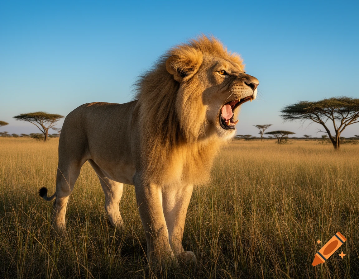 A majestic male lion roars with its mouth open, standing in a golden grassy savannah under a bright blue sky, with acacia trees in the distance.
