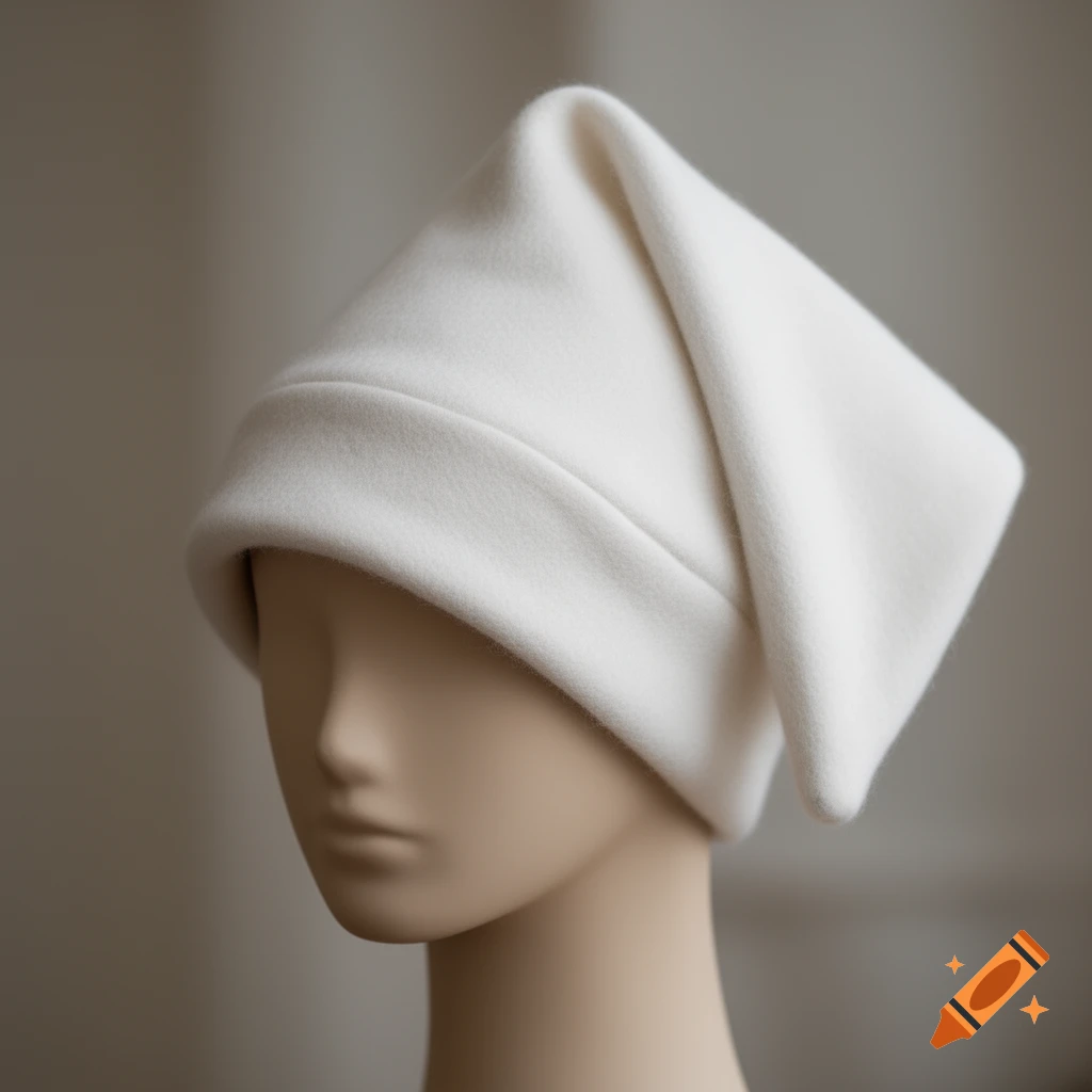 A close-up of a genderless mannequin head wearing a soft, floppy, pointed white Santa hat, set against a blurred light background.