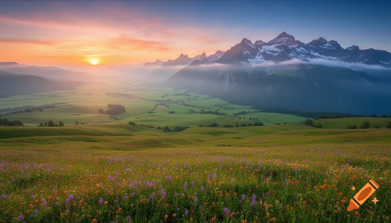 A vibrant sunset casts an orange glow over a vast green valley with wildflowers and majestic snow-capped mountains.