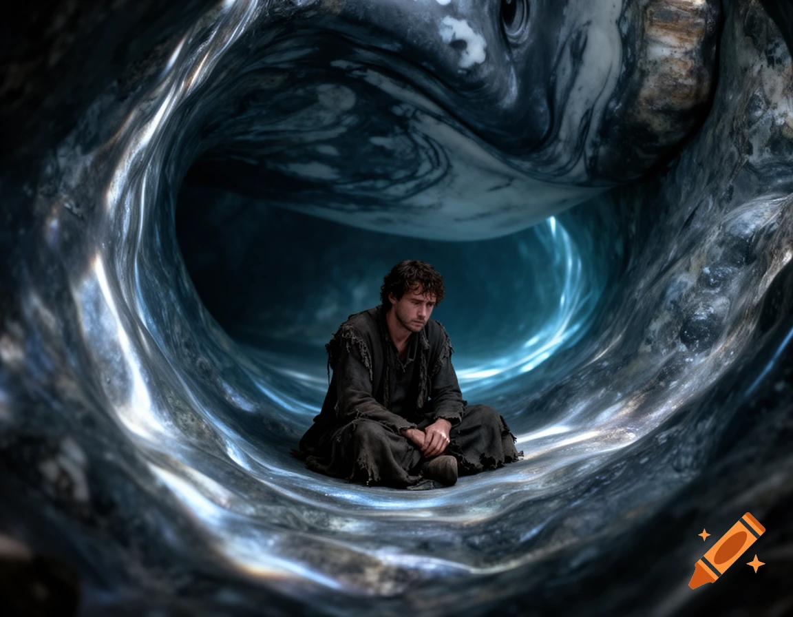A sad man sitting cross-legged inside a large, dark, organic, whale-like cavern with glowing blue light. Photorealistic style.