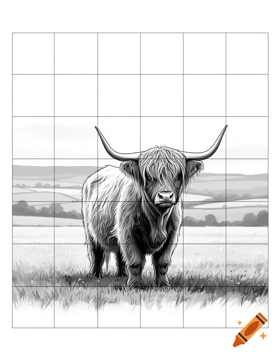 Black and white drawing of a shaggy Highland cow with long horns standing in a field under a grid overlay.
