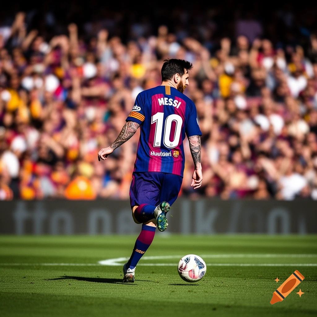 A bearded Lionel Messi in a blue and red Barcelona jersey with number 10 on the back, runs on a green soccer field with a ball. A blurred crowd is in the background.