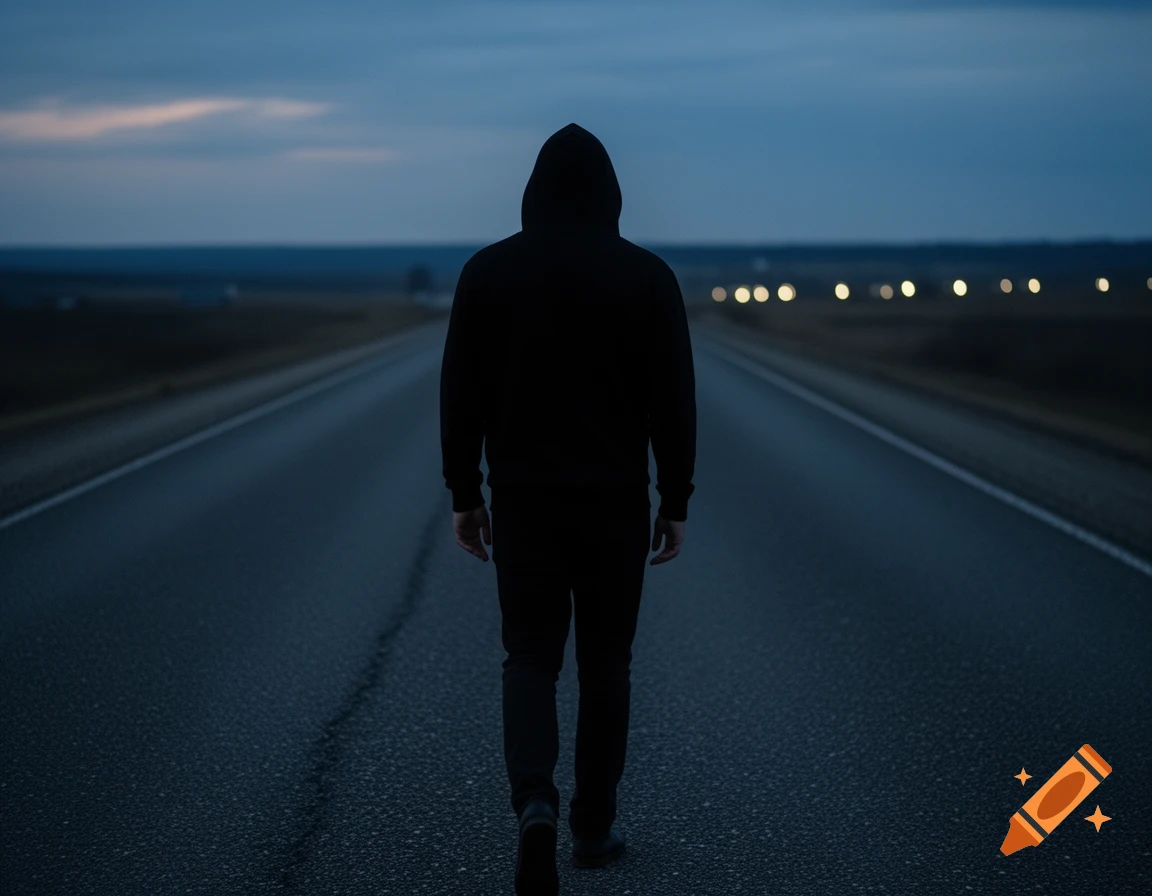 A person in a black hoodie walks away on an empty road at dusk, with distant lights along the horizon.