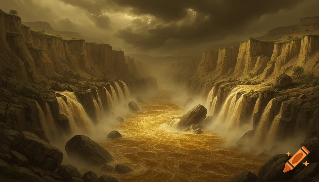 A grand, stormy canyon with a golden river and numerous waterfalls cascading from towering cliffs under a dark, lightning-filled sky.