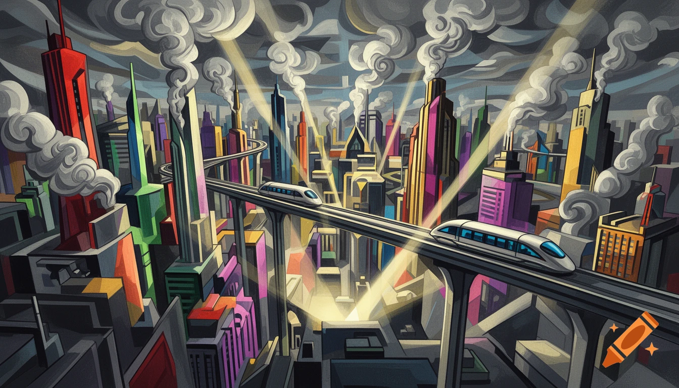 A colorful, cubist illustration of a futuristic city with high-rises, elevated monorails, and billows of smoke, under dramatic lighting.