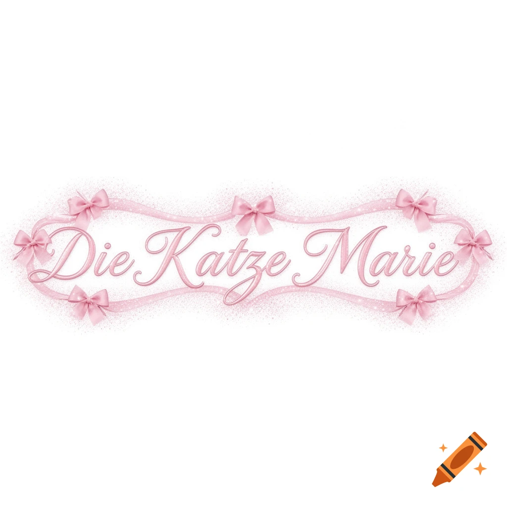 Pink glittery text "Die Katze Marie" in a princess-like script, framed by a wavy pink ribbon with bows on a white background.
