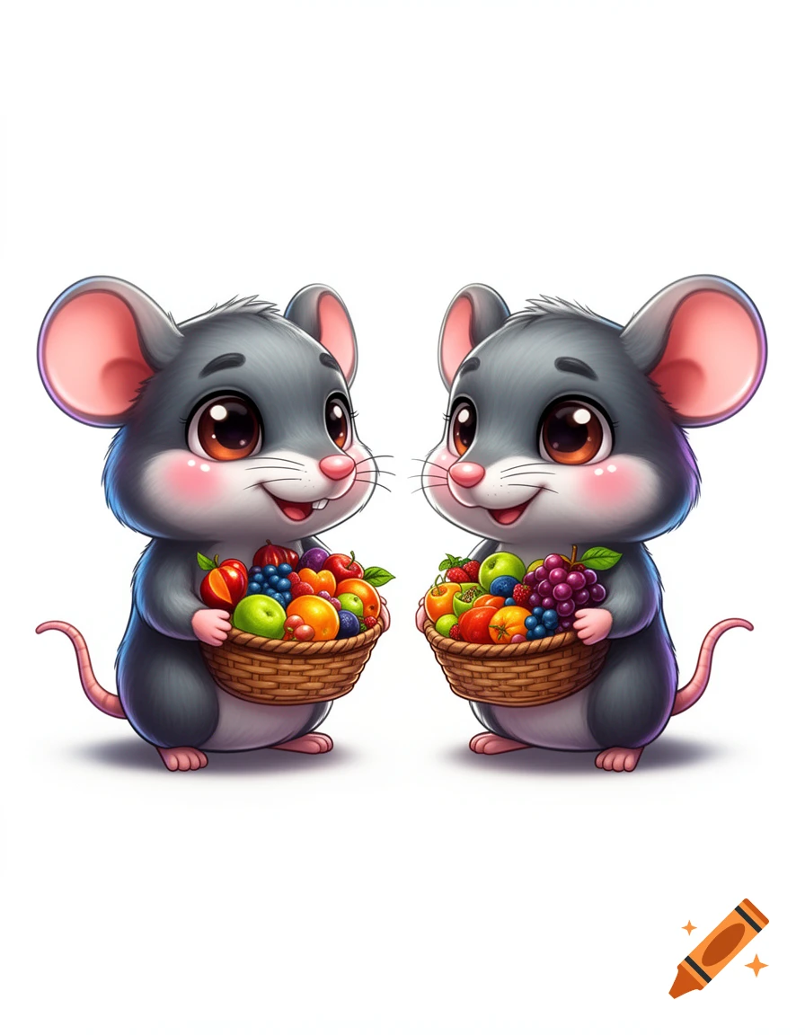 Two cute chibi-style gray mice, each holding a basket brimming with colorful fruits, on a white background.
