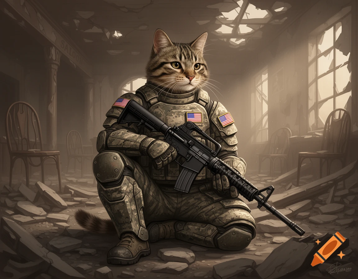 A tabby cat in digital camo full body armor with US flags, crouching with an M-16 rifle in a photorealistic bombed-out saloon.
