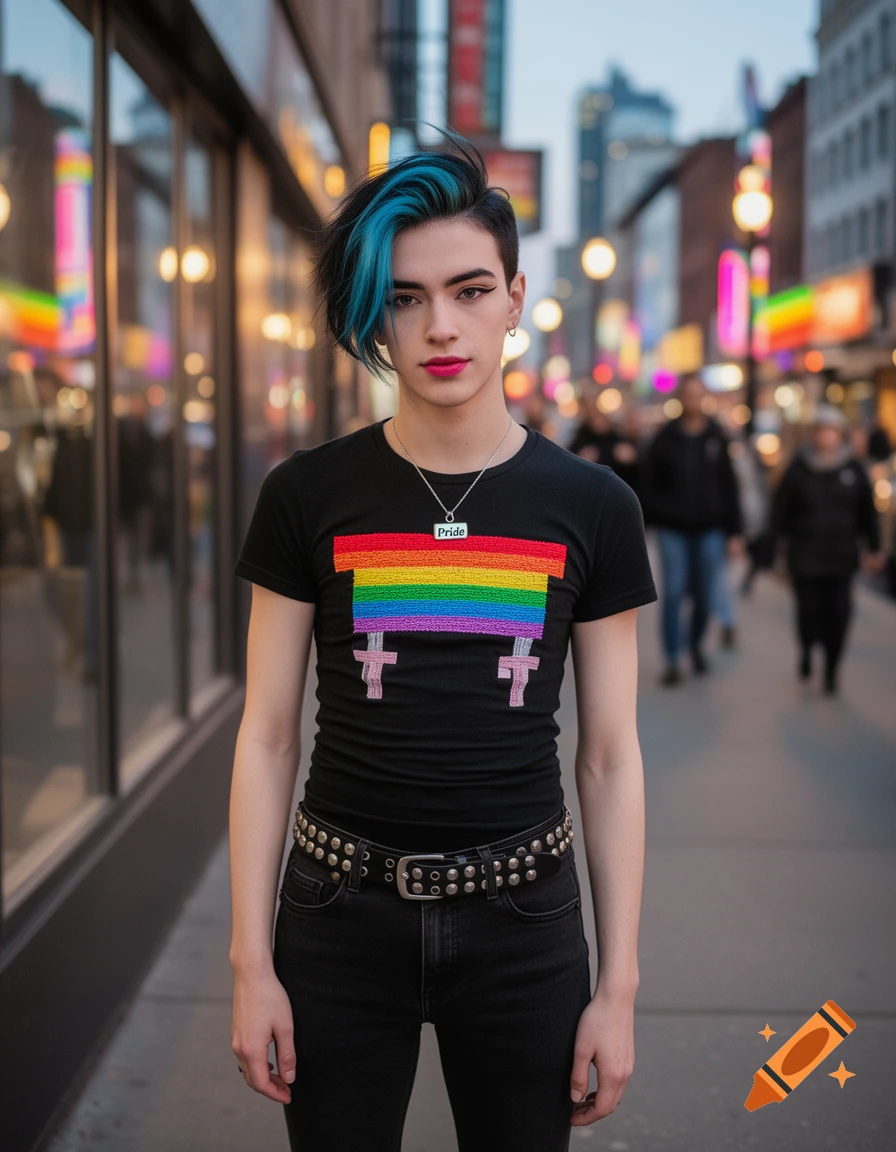 Photorealistic portrait of a person with blue and black hair, wearing a rainbow pride shirt, studded belt, and 'Pride' necklace on a city street.
