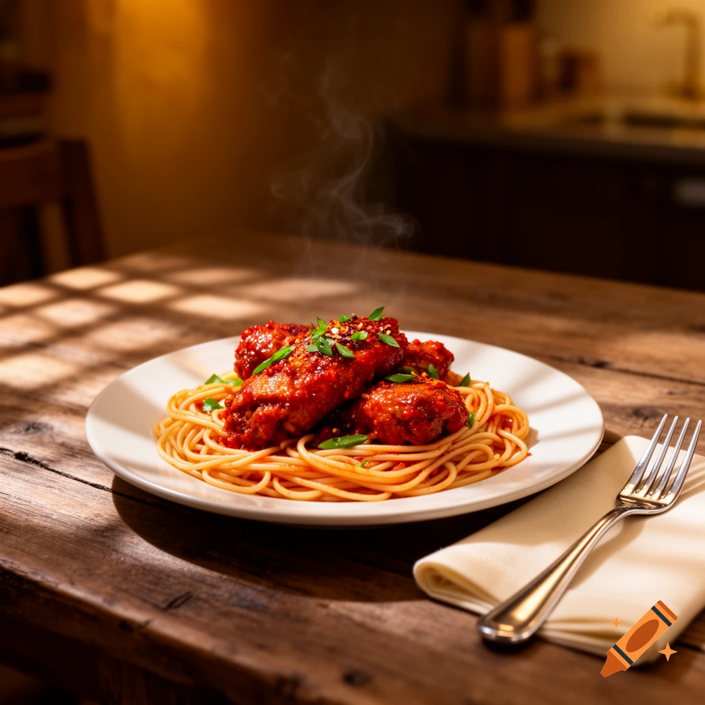 A steaming plate of spaghetti topped with spicy red chicken pieces, garnished with herbs, on a wooden table in sunlight.