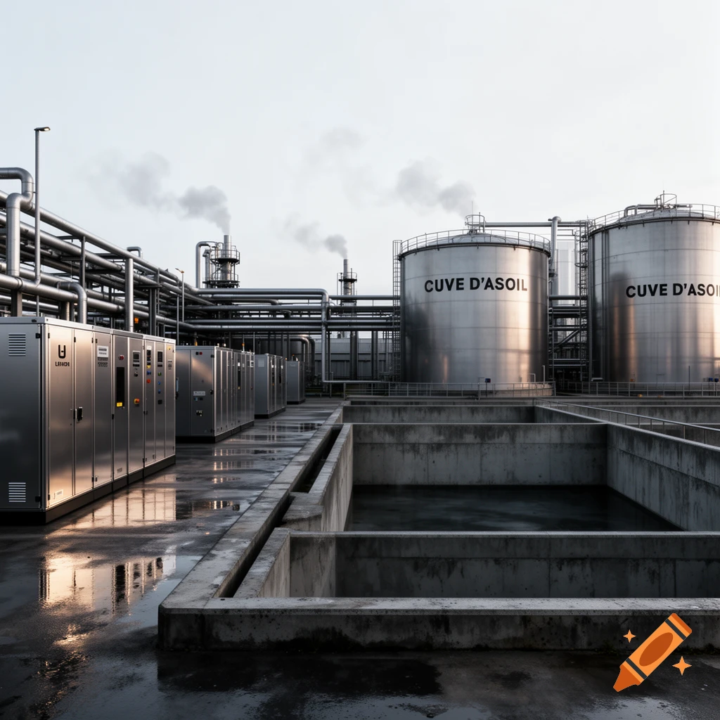 A photorealistic industrial facility featuring large silver storage tanks labeled "CUVE D'ASOIL," complex pipe networks, metal cabinets, and concrete retention basins on a wet ground.