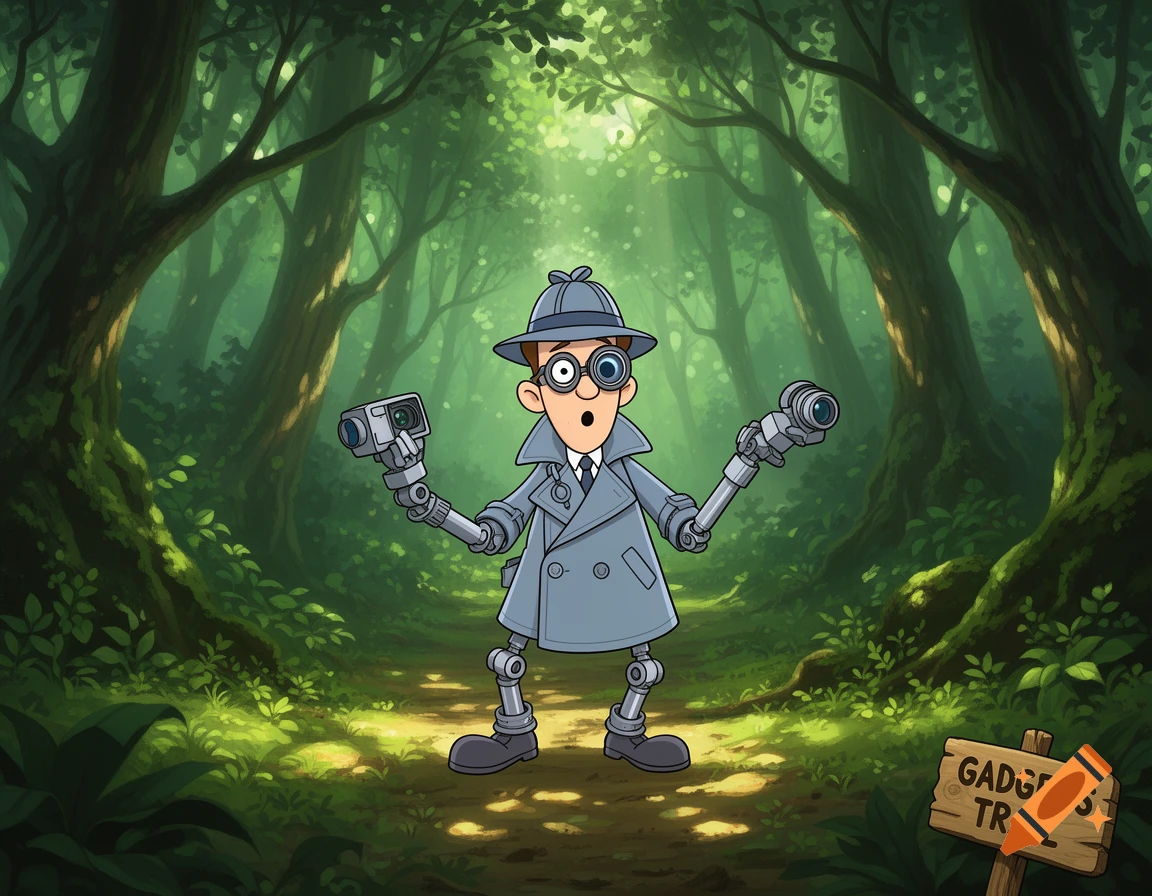 A cartoon Inspector Gadget, with robotic arms holding cameras, stands in a lush green forest by a sign reading "GADGET'S TRAIL".