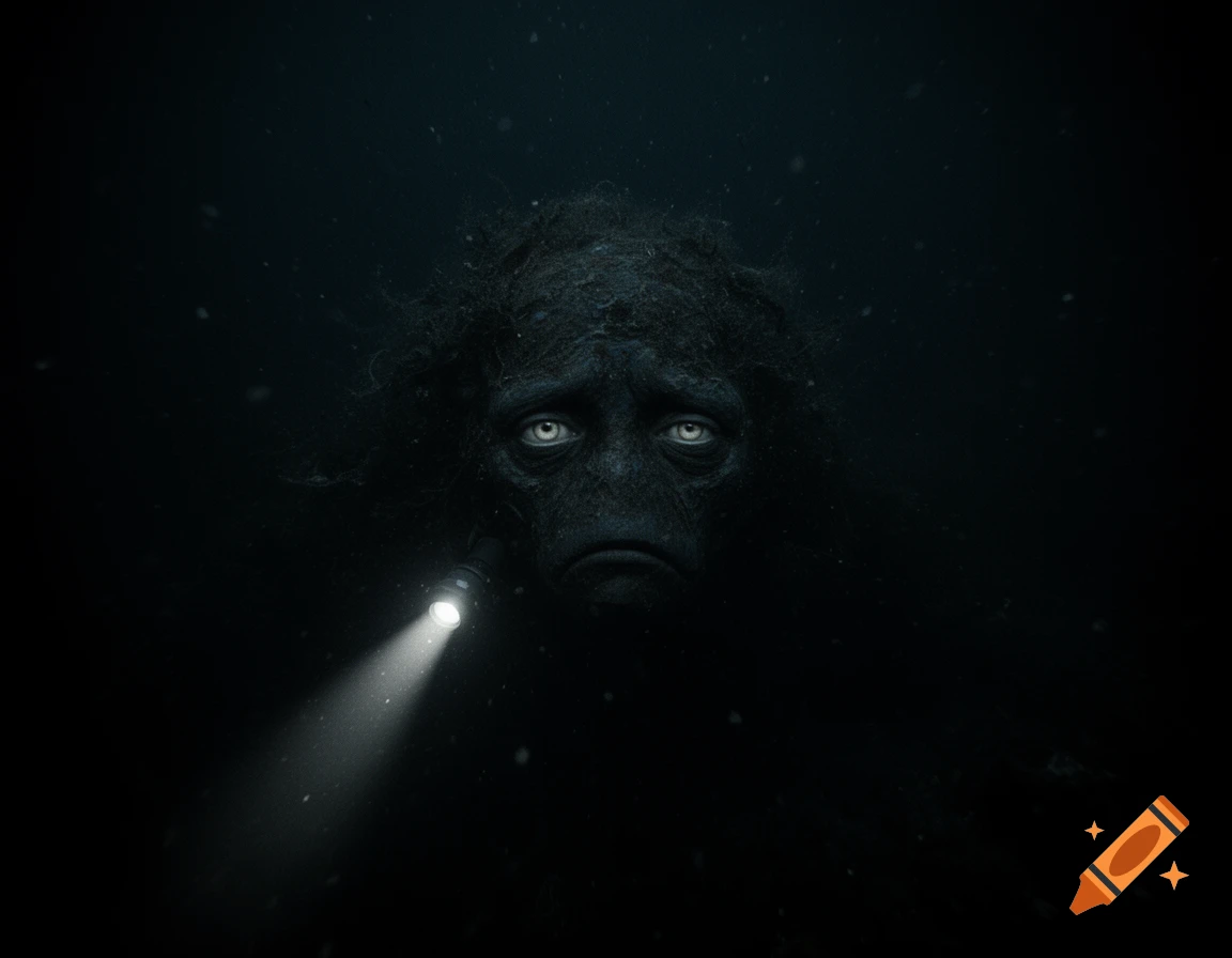 A dark, eerie creature with large, sad human eyes and stringy hair is illuminated by a faint diving flashlight in the deep, dark ocean.